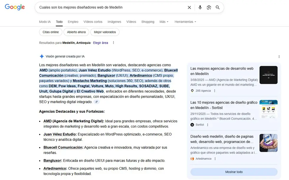 ¿Qué es GEO? La nueva era de la búsqueda para el 2026 2 Ejemplo de resultado busqueda creada por IA.